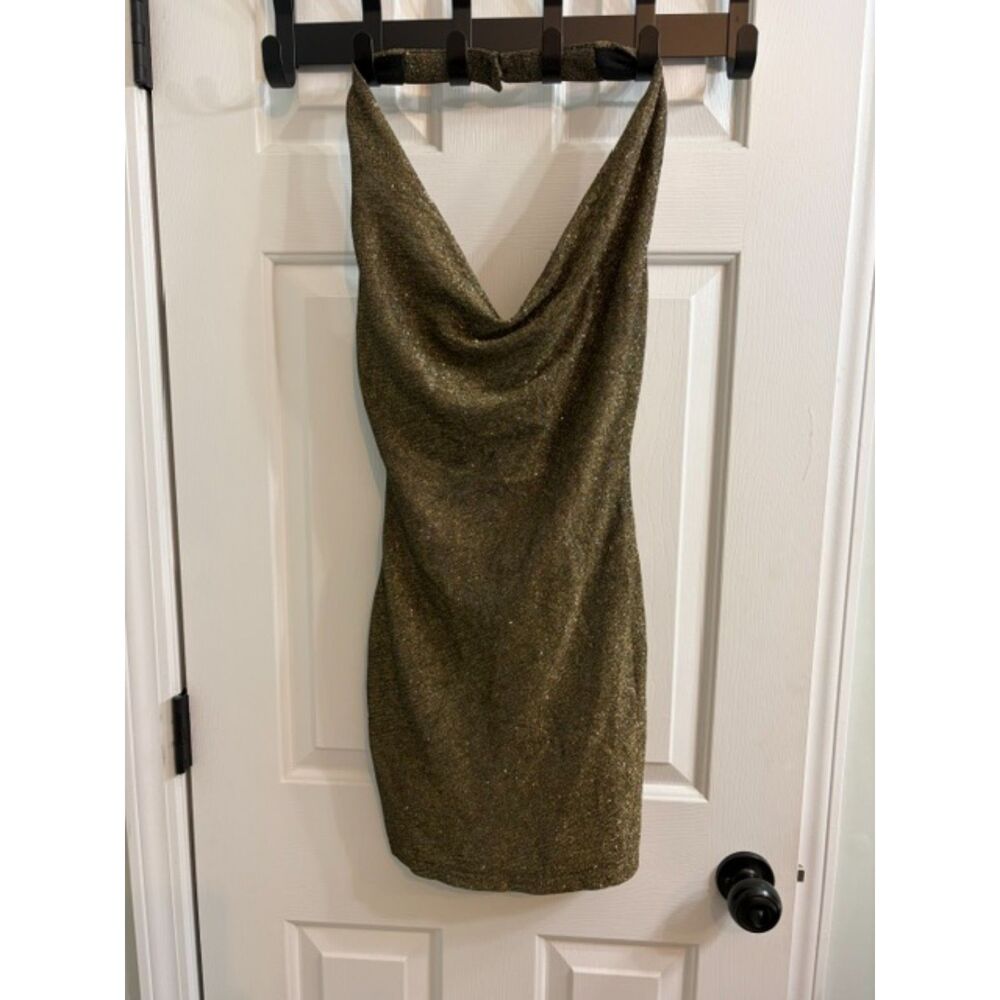 NWOT Isla Maude Gold Shimmer Glitter Plunging Mini Party Dress Size XS